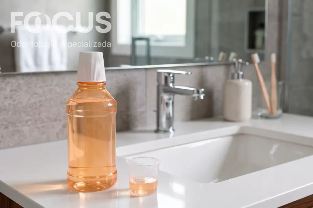 Frasco de enjuague bucal de clorhexidina junto a un vaso medidor sobre un lavabo