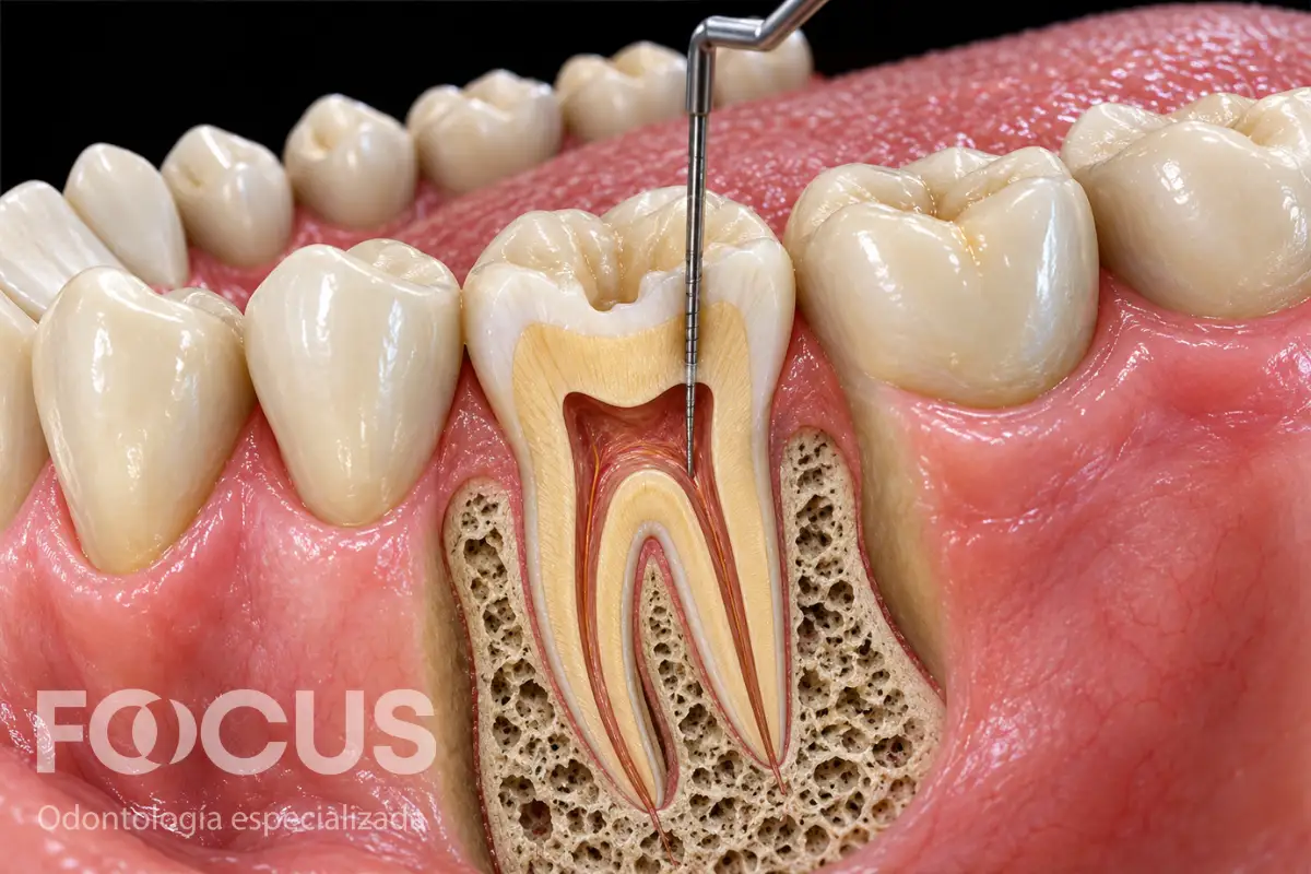 Ilustración de la anatomía de un diente con la pulpa y los conductos radiculares que se tratan en una endodoncia